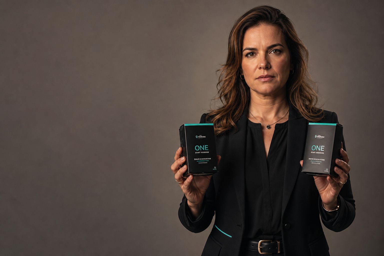Retrato de uma diretora de marketing com as duas versões do produto em teste